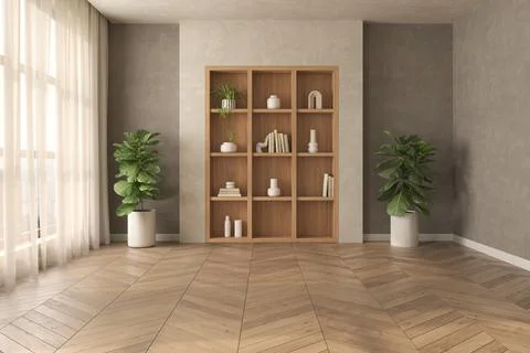 Mid century style conceptual empty interior room 3d illustration Stockillustratie
