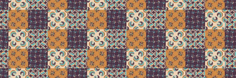 Mid Century Vector Patchwork Banner. Modern Vintage Pattern Border Quilt Stock Illustration