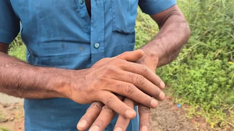 Mid Close Up Of Farmer Cleaning Dirty Hands Rubbing Dirt After Agricultural Work Stock Footage 341908055
