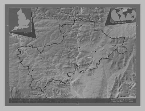 Mid Devon, England - Great Britain. Grayscale. Labelled points of cities Ilustración de archivo