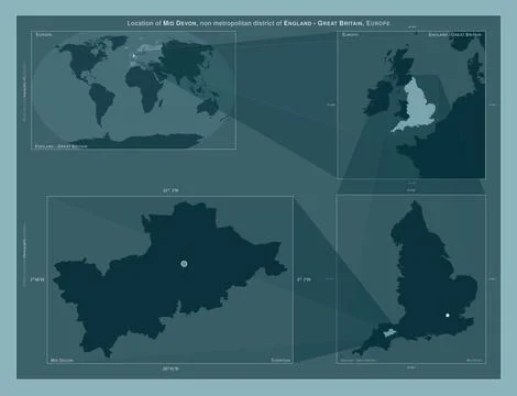 Mid Devon, England - Great Britain. Described location diagram Illustrazione stock