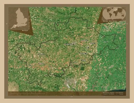 Mid Devon, England - Great Britain. Low-res satellite. Labelled points of c.. Illustrazione stock