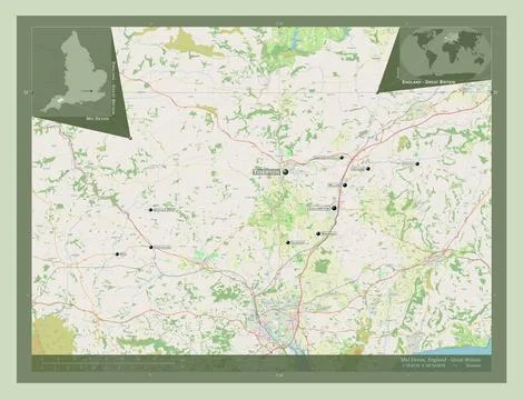 Mid Devon, England - Great Britain. OSM. Labelled points of cities 스톡 일러스트