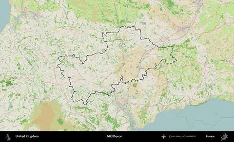 Mid Devon outlined, United Kingdom. OpenStreetMap French Stock Illustration