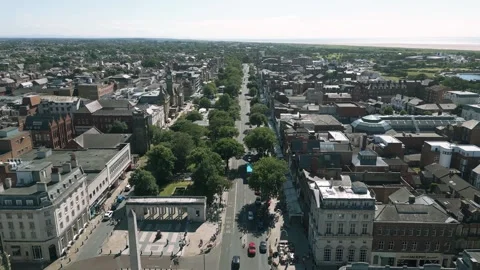Mid-level aerial fly along clip of the South section of Lord Street Stock Footage 244814087