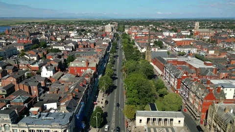 Mid-level aerial fly along clip of the North section of Lord Street Stock Footage 244814595