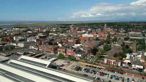 Mid-level aerial panning clip video footage of Southport town centre Stock Footage 244813404