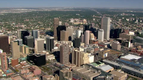 Mid-level flight above downtown Denver, Colorado. Shot in 2003. Stock Footage