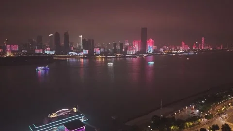 Mid-river night view of the Yangtze in Wuhan, aerial Video stock 347241119