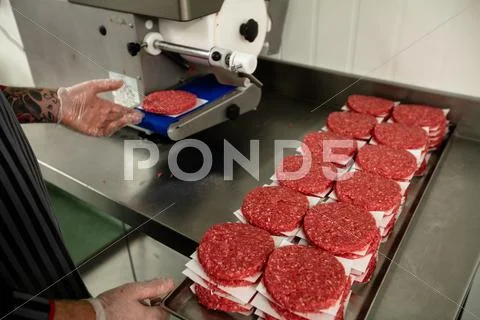 Mid Section Of Butcher Preparing A Raw Hamburger Patties