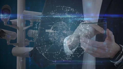 Mid section of Caucasian man wearing suit using transparent screen with globe Stock Footage 130879063