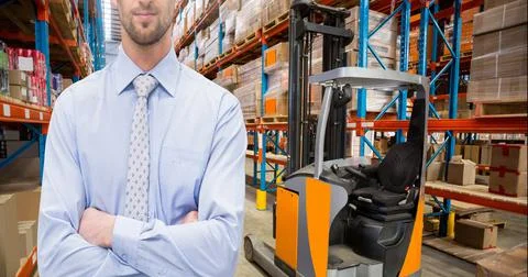 Mid section of caucasian worker arm crossed in an warehouse 写真素材