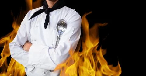 Mid section of chef holding frying spoon digitally generated background Stock Photos