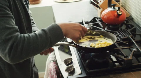 Mid-section of man preparing a scrambled egg in kitchen Stock Footage 63860774