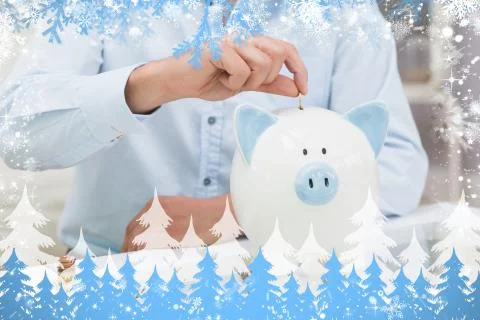 Mid section of a man putting some coins into a piggy bank against snow Stock Illustration