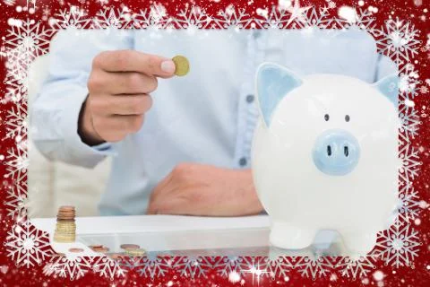 Mid section of a man putting some coins into a piggy bank against snow Stock Illustration