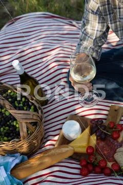 Mid-Section Of Man Sitting With A Glass Of Wine On Picnic Blanket