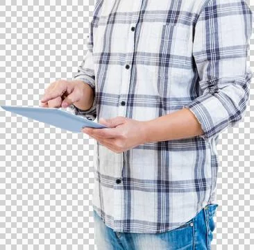 Mid section of man using tablet computer Foto stock
