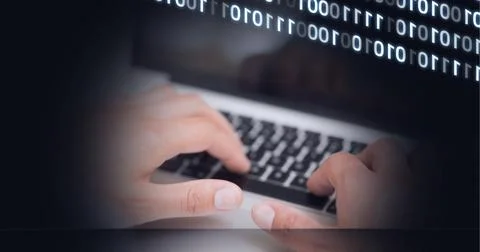 Mid section of person using laptop while binary coding data processing on screen Stock Photos
