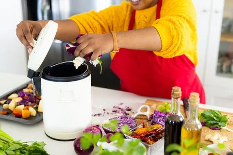 Mid section of plus size african american woman in apron composting vegetable Stock Photos