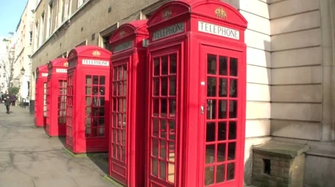 Mid shot of five Red Telephone Boxes in London in the United Kingdom Video stock 48598887