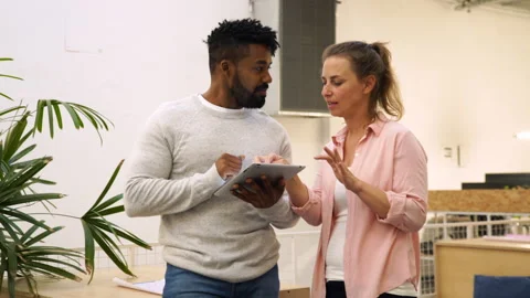 Mid-shot front view of two diverse coworkers exchanging ideas for new project Stock Footage 277957047