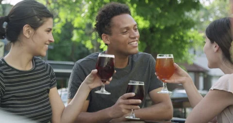 Mid-shot side view of diverse group of friends enjoying a good time and drinking Stock Footage 277966859