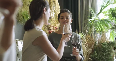 Mid-shot side view of two young girlfriends making a toast while celebrating at Stock Footage 277966708