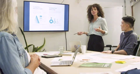 Mid-shot wide view of young female business manager giving presentation in front Stock Footage 277952736
