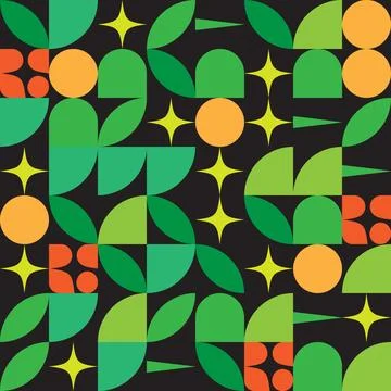 Midcentury modern geometric pattern with citrus fruits and leaves Stockillustratie