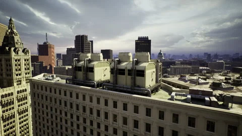 Midday sun highlights rooftop cooling systems and architecture Stock Footage 339802328