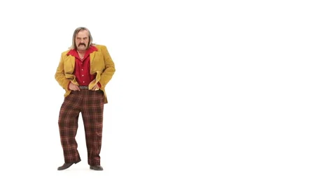 Middle age man dressing 70s brown red vintage clothes dances Video stock 64537682