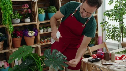 Middle age man florist using diffuser working at florist Stock Footage 215680873