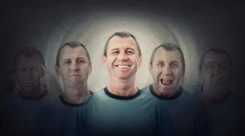 Middle age man suffer split emotions into different inner personalities. Mult Foto stock