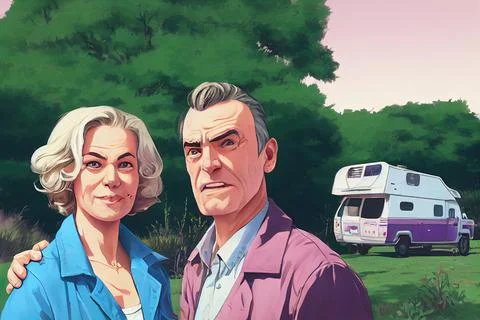 Middle age, mature, old couple in the garden. Elderly husband and wife charac Illustrazione stock