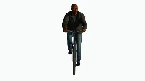 Middle-aged African man riding a bicycle from a head-on angle on a white screen Video stock 246730395
