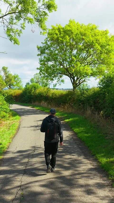 Middle aged backpacker walking away along shaded country lane beneath green Stock-Footage 347787673