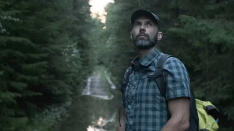 Middle-aged beared hiker man with backpack in a plaid shirt looks around in gree Stock Footage 208667151