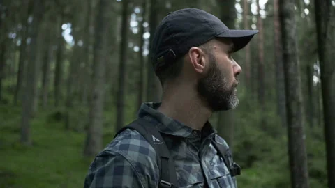 Middle-aged beared hiker man with backpack in a plaid shirt looks around in gree Video stock 208669968