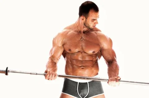 Middle aged bodybuilder posing shirtless Stock Photos