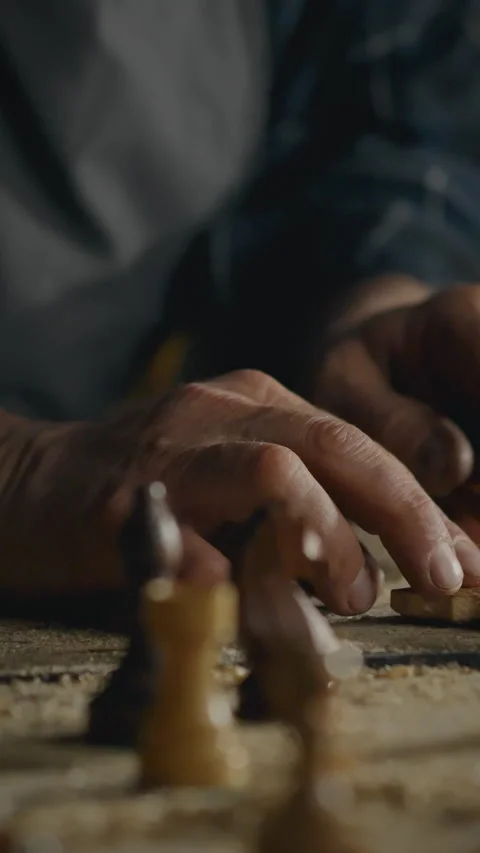 Middle-aged builder skillfully carving chess pieces in a workshop setting Stock Footage 331666674