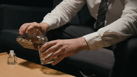 Middle Aged Businessman Drinking Whiskey Dealing with Alcoholism Stock Footage 344854884