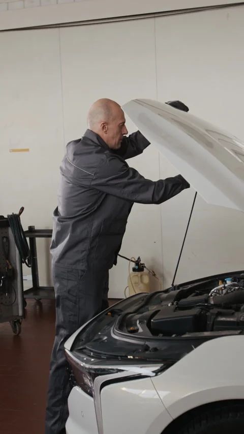 Middle-Aged Car Mechanic Lifting Hood to Check Up on Engine and Battery Stock Footage 329478699