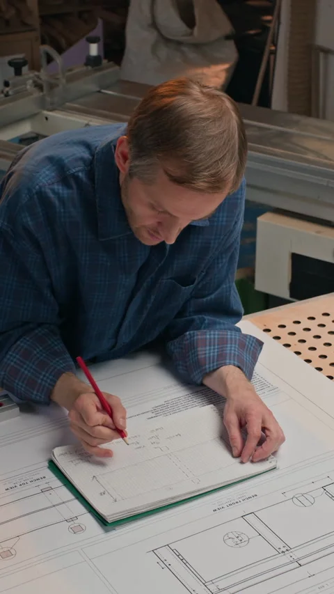 Middle Aged Carpenter Drafting Blueprints in Woodworking Shop Vídeo Stock 348132533