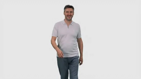 A middle aged casual man leisurely walking in a white T-shirt, alpha in Video stock 304800053