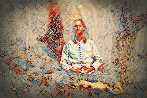 Middle aged Caucasian man practices tai chi in the summer. Meditation and Stock Illustration