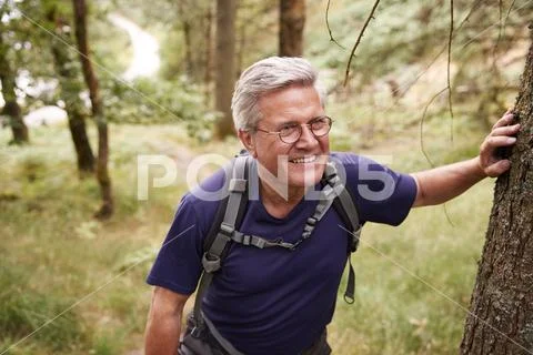 Middle aged Caucasian man taking a break during a hike, leaning on a tree in Stock Photos