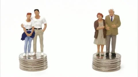 Middle-aged couple and senior couple standing on pile of coins Stock Footage