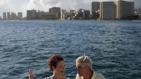 Middle-aged couple talking on a boat. 스톡 동영상 88370743
