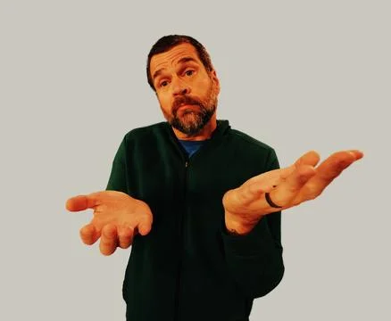 Middle Aged Dad Demonstrating 6-7 Gestures Foto stock